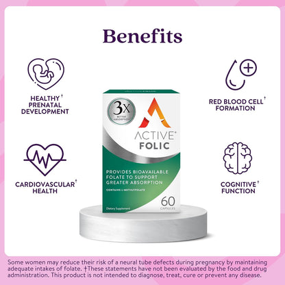 Active Folic Acid Supplement - Ácido Fólico Activo 400mcg, L-Metilfolato (Quatrefolic), 60 Cápsulas