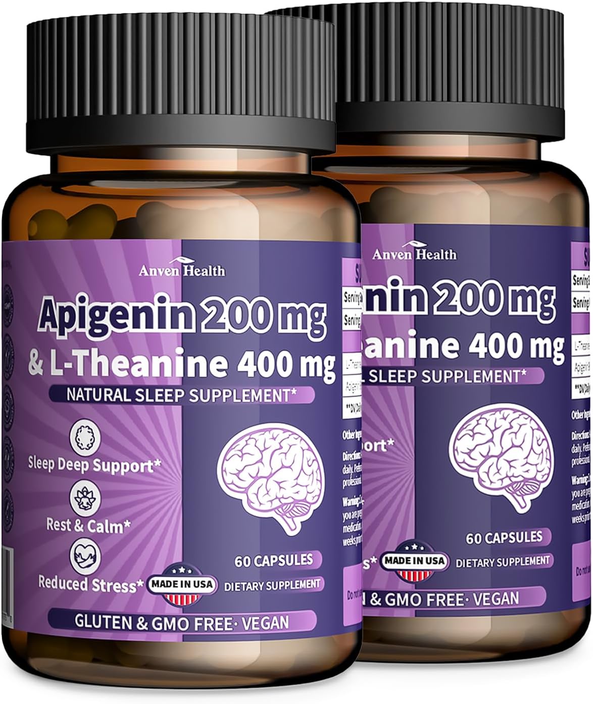 L-Theanine 400 mg con Apigenina 200 mg – Suplemento para el Sueño y la Relajación (120 Cápsulas Vegetarianas)