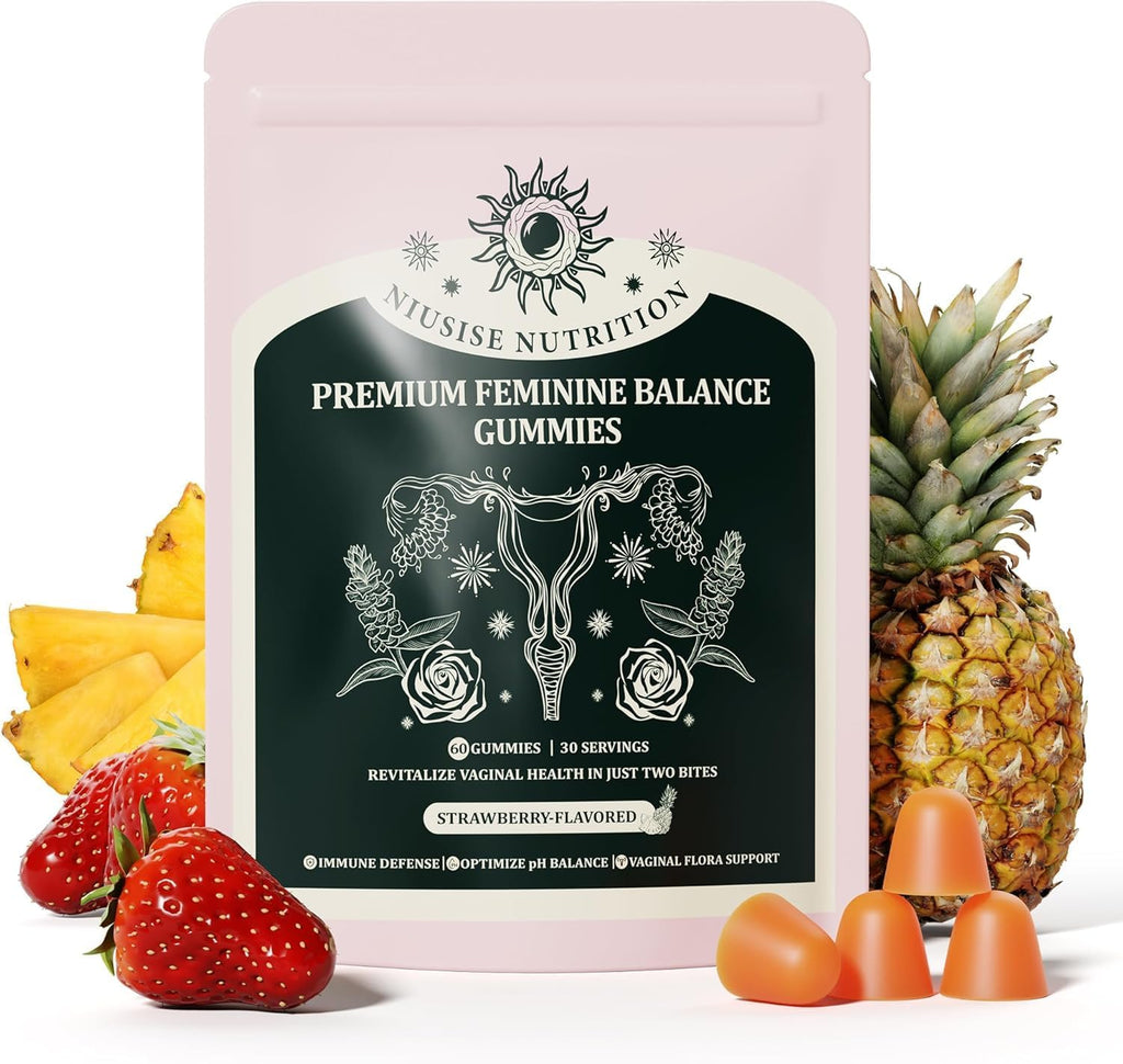 NIUSISE Feminine Balance Gummies - Gominolas para el equilibrio femenino, sabor fresa, vegano, sin gluten, 60 unidades