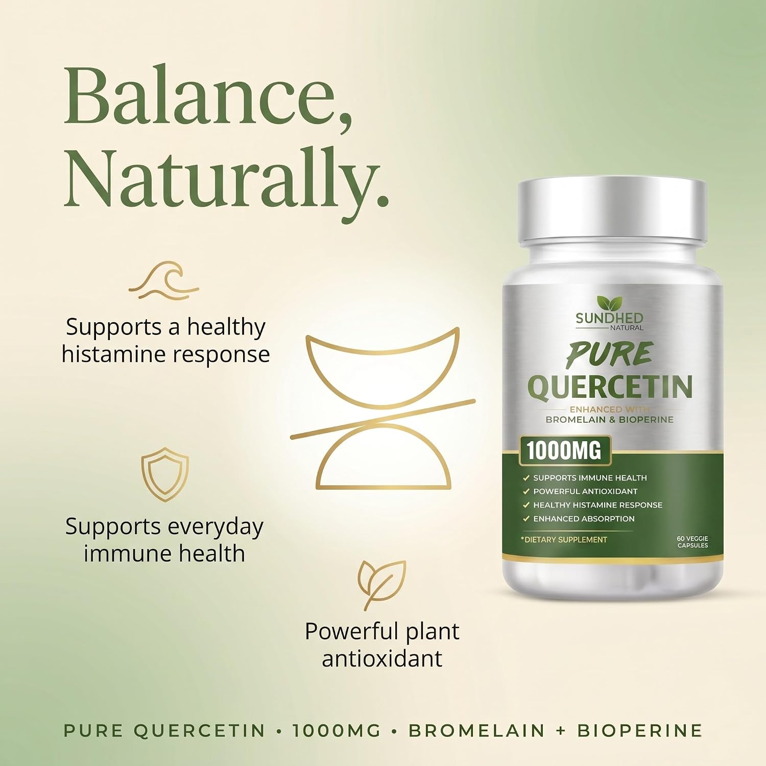 Sundhed Natural Quercetina Pura con Bromelina y Bioperina - 1000 mg, 60 Cápsulas