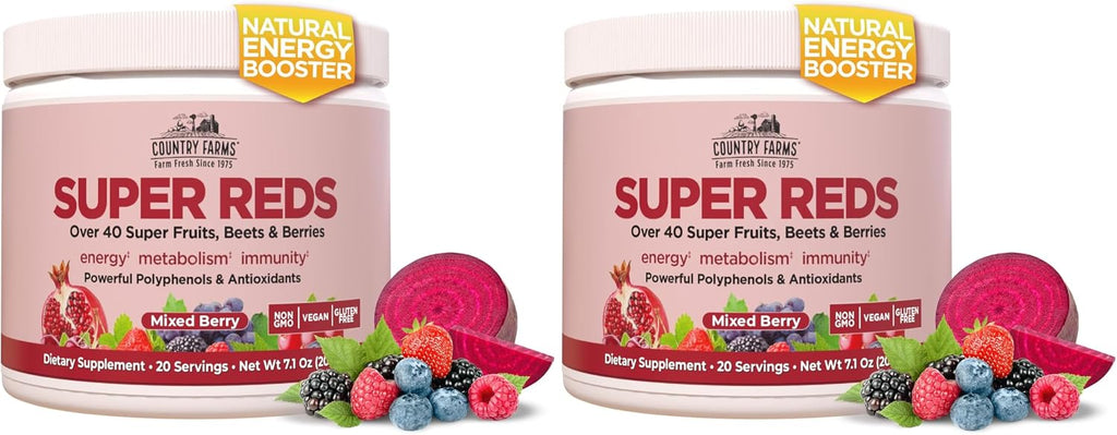 COUNTRY FARMS Super Reds - Superalimento en Polvo, 48 Frutas y Bayas, Antioxidantes, 20 Porciones, Sabor a Bayas Mixtas