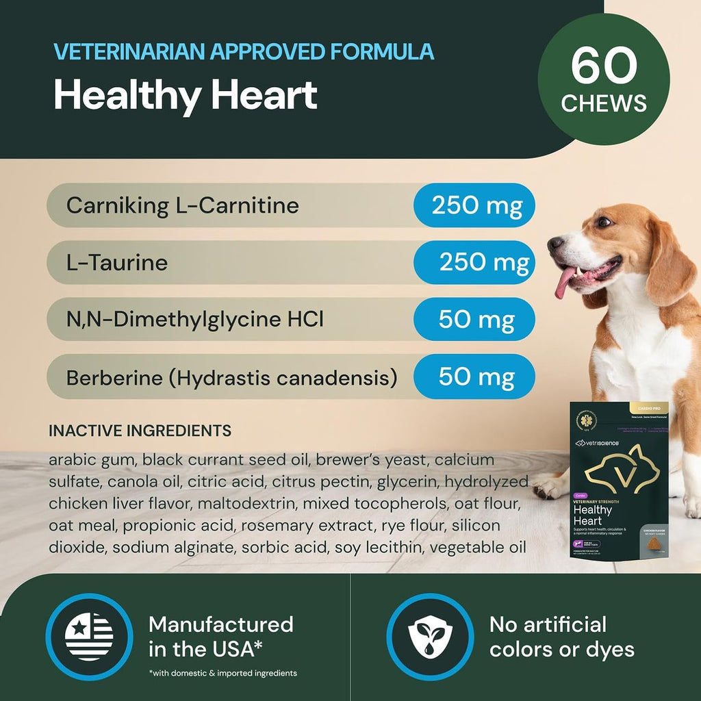 VETRISCIENCE Veterinary Strength Healthy Heart Chews, Suplemento cardíaco para perros y gatos, sabor a pollo, 60 unidades
