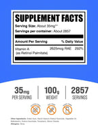 BulkSupplements.com Vitamina A Palmitato en Polvo - Palmitato de Retinol - Suplemento de Vitamina A, 100 g (Paquete de 1)