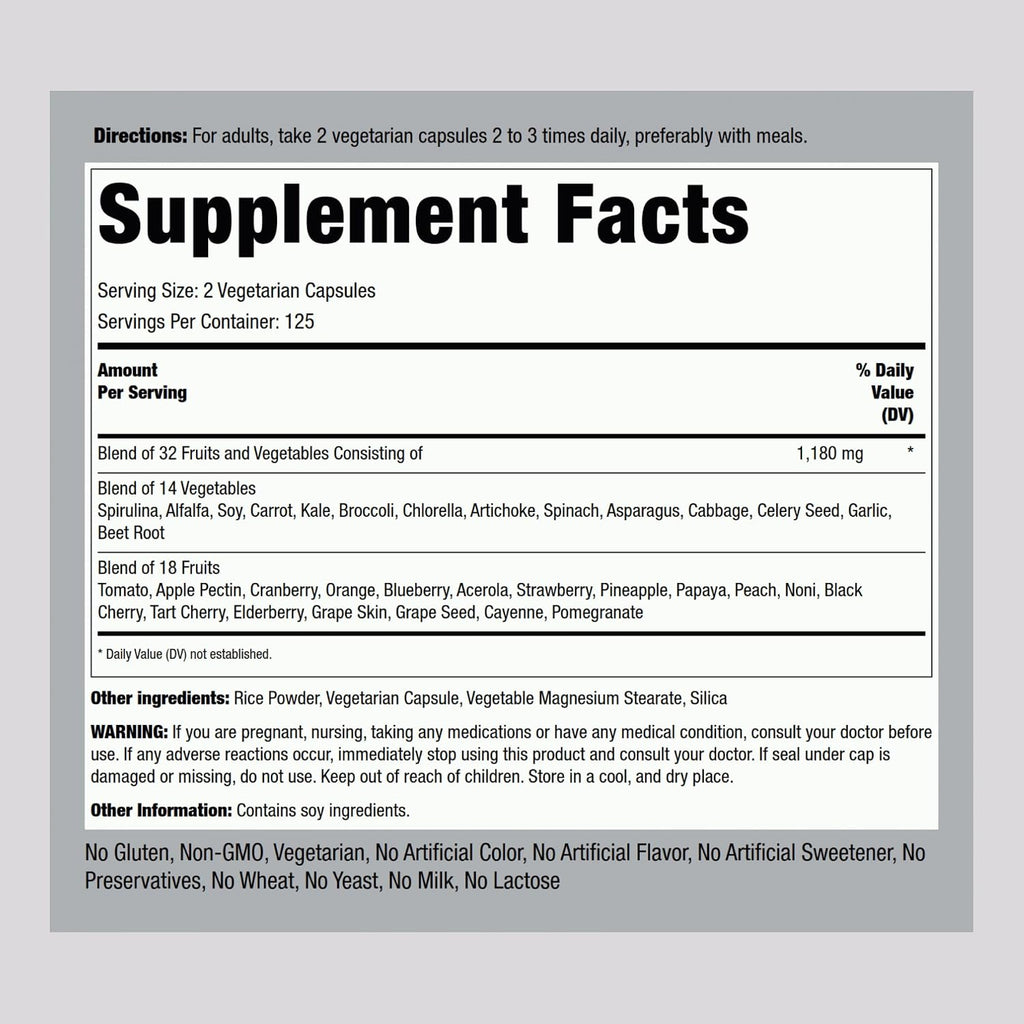 Piping Rock Suplemento de Frutas y Verduras - 250 Cápsulas - Superfood Vegetal, Sin OMG, Sin Gluten