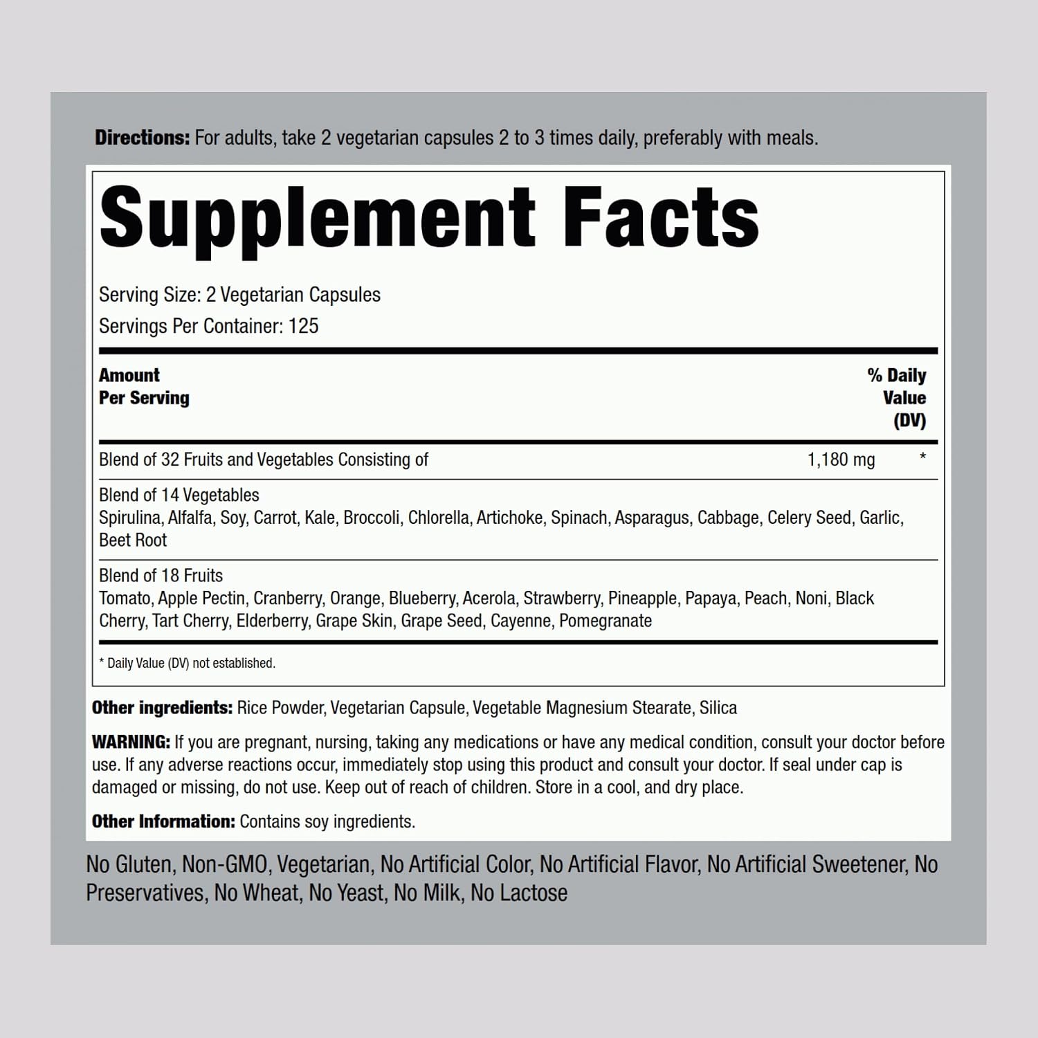 Piping Rock Suplemento de Frutas y Verduras - 250 Cápsulas - Superfood Vegetal, Sin OMG, Sin Gluten