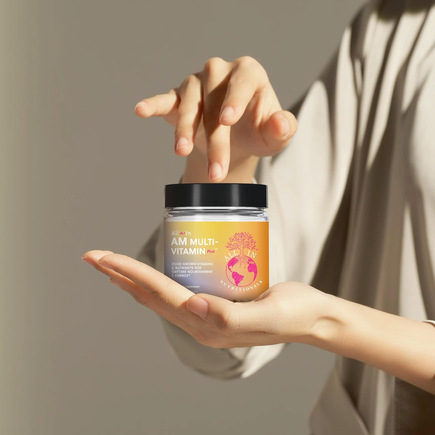 All In Nutritionals AM Multi-Vitamin +: Multivitamínico vegano a base de alimentos con vitamina D3, K2, B12, hierro y ácido fúlvico iónico