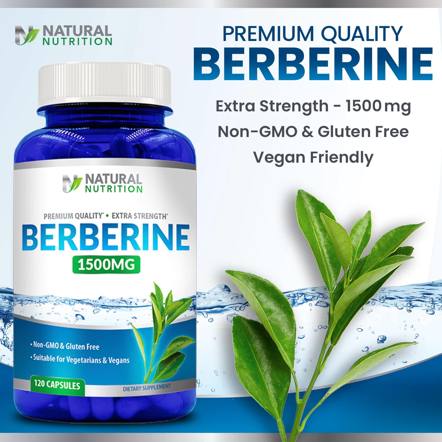 Natural Vitamin Extra Strength Berberine HCL 1500mg 120 Cápsulas Sin Gluten Non-GMO