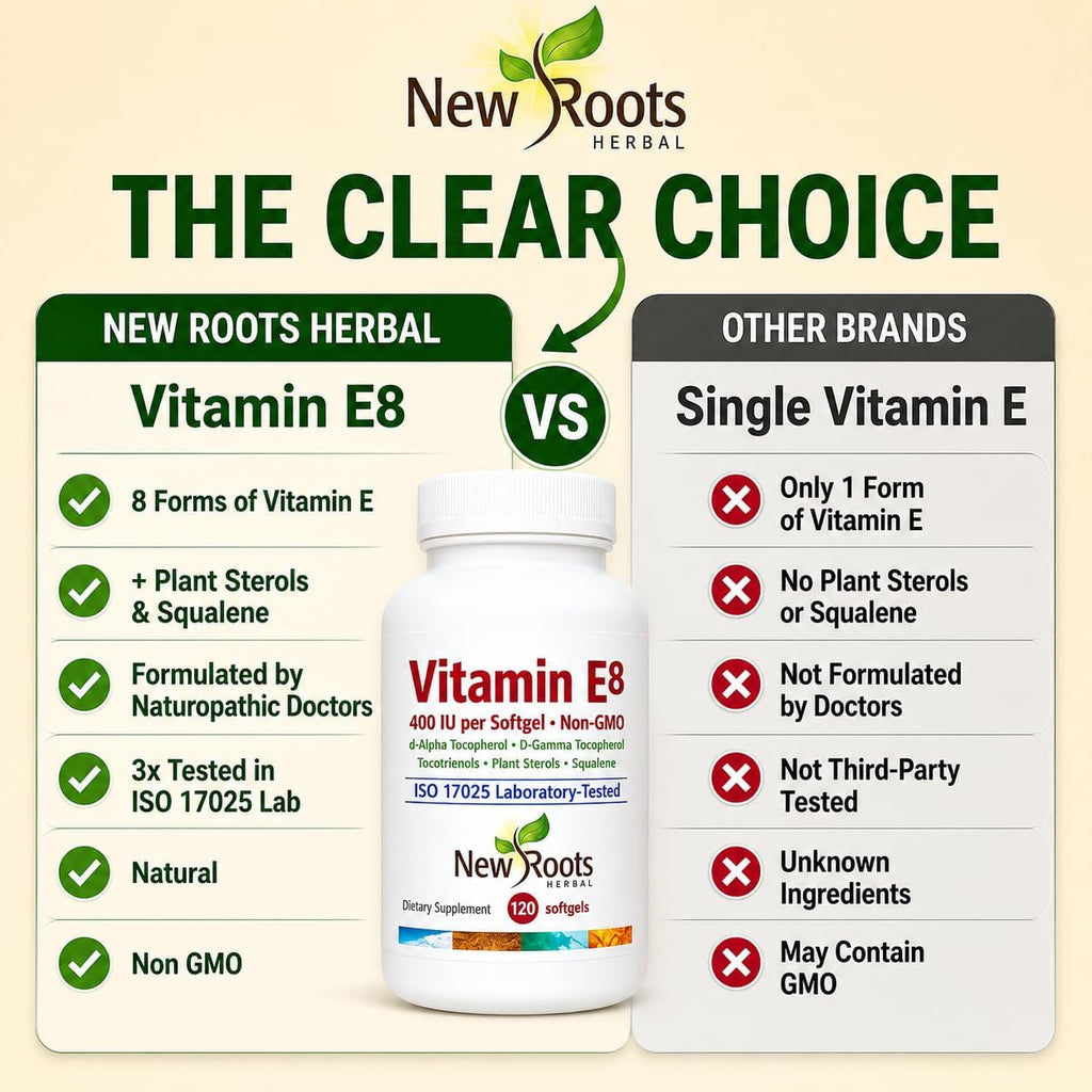 New Roots Herbal Vitamina E 400 UI con 8 Tocoferoles y Tocotrienoles, 120 Cápsulas Blandas