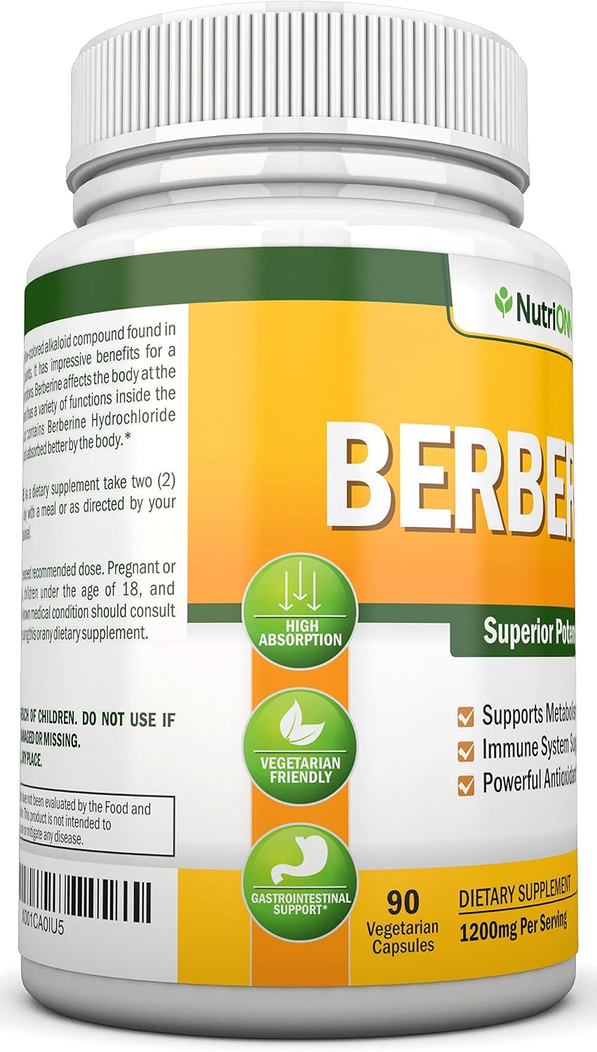 Berberina 1200 mg - 90 Cápsulas Vegetales - Suplemento Puro de Berberina HCL - NutriONN