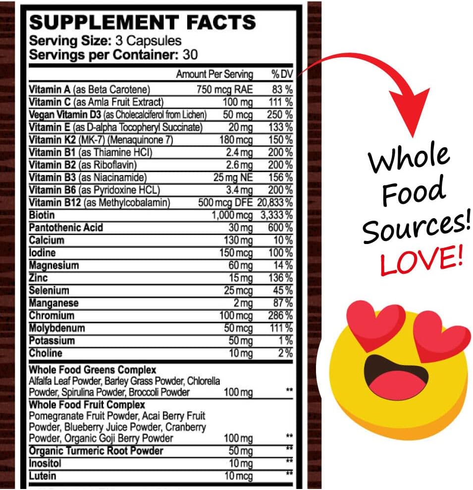 Hippie Farms Whole Food Multivitamin – Complejo Multivitamínico con Frutas y Super Greens, 90 Cápsulas Veganas