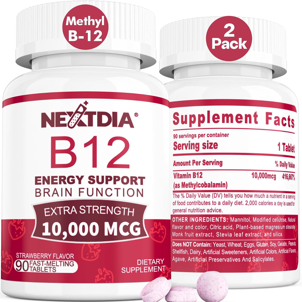 Nextdia Vitamina B12 10.000 mcg Metilcobalamina Sublingual - 180 Comprimidos Sabor Fresa