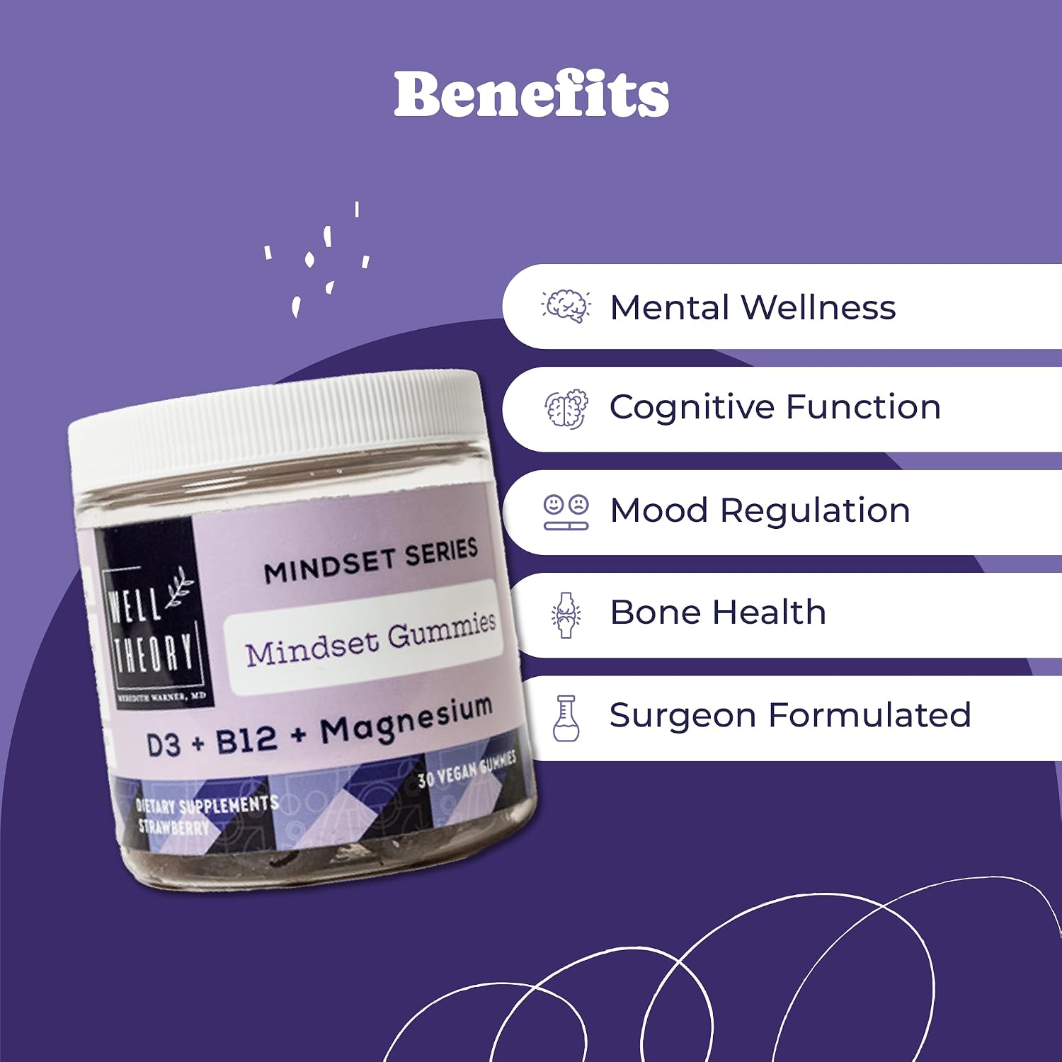 WELL THEORY D3 Gummy - Gominolas con Vitamina D3, Magnesio y B12 - Sabor Fresa - 30 Gominolas Veganas