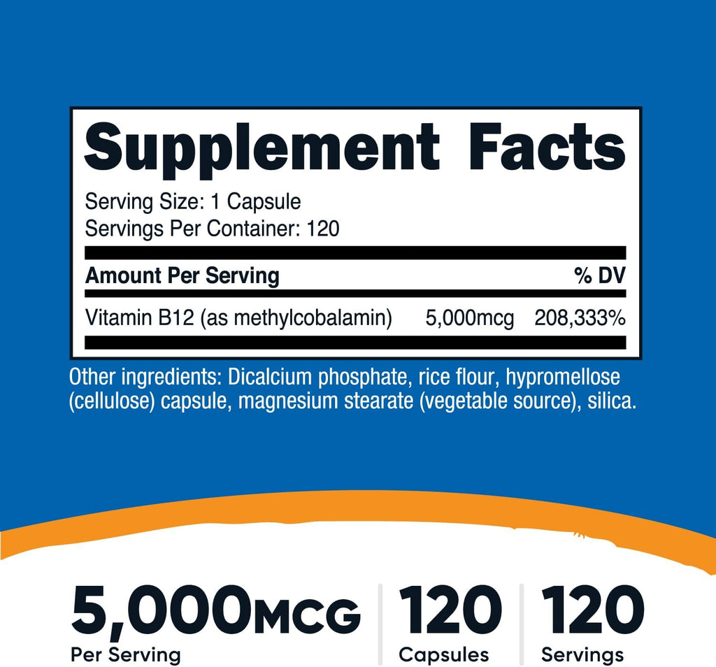 Nutricost Vitamina B12 (Metilcobalamina) 5000mcg, 120 Cápsulas - Sin Gluten, No OGM, Cápsulas Vegetarianas