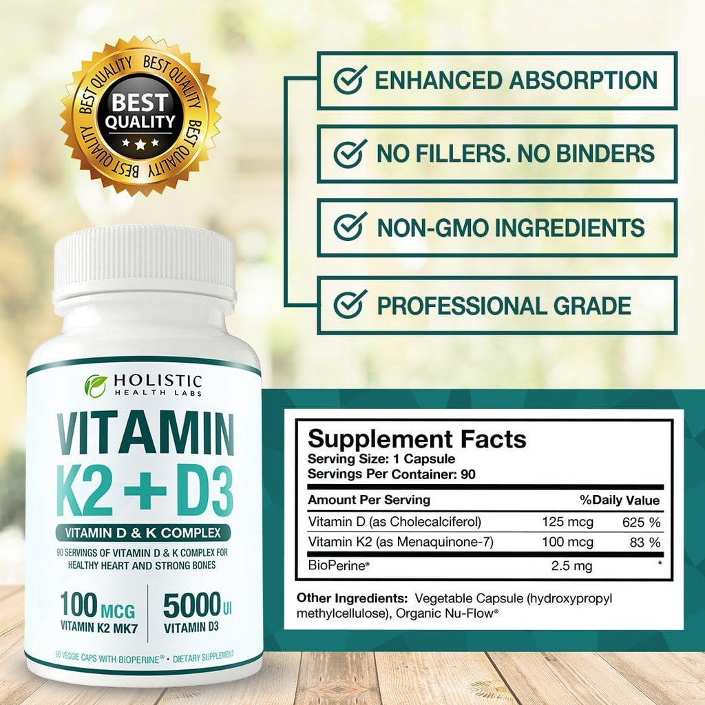Max Absorption Vitamina D3 5000 UI + K2 MK-7 con BioPerine – 90 Cápsulas Vegetales