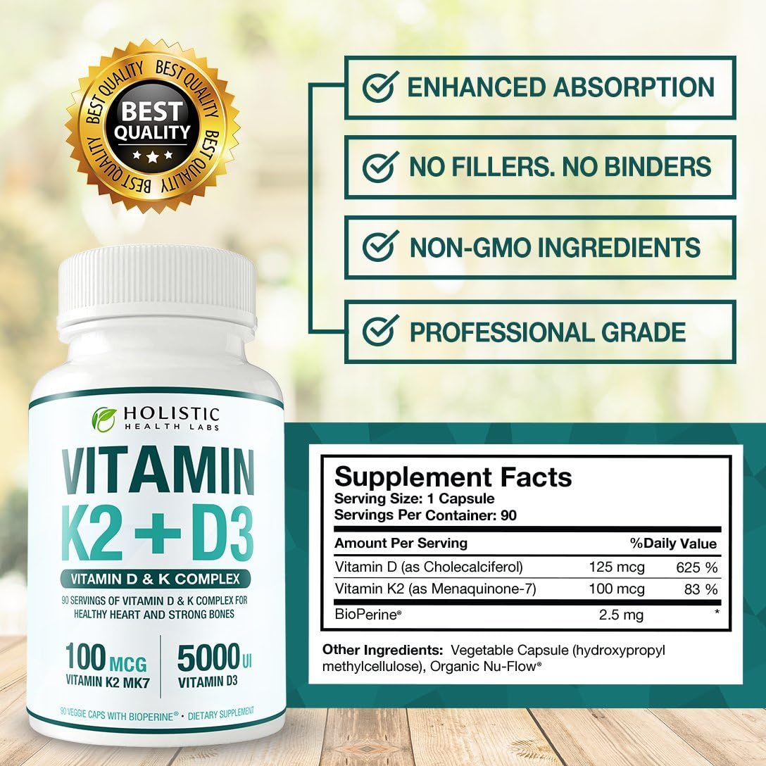 Max Absorption Vitamina D3 5000 UI + K2 MK-7 con BioPerine – 90 Cápsulas Vegetales