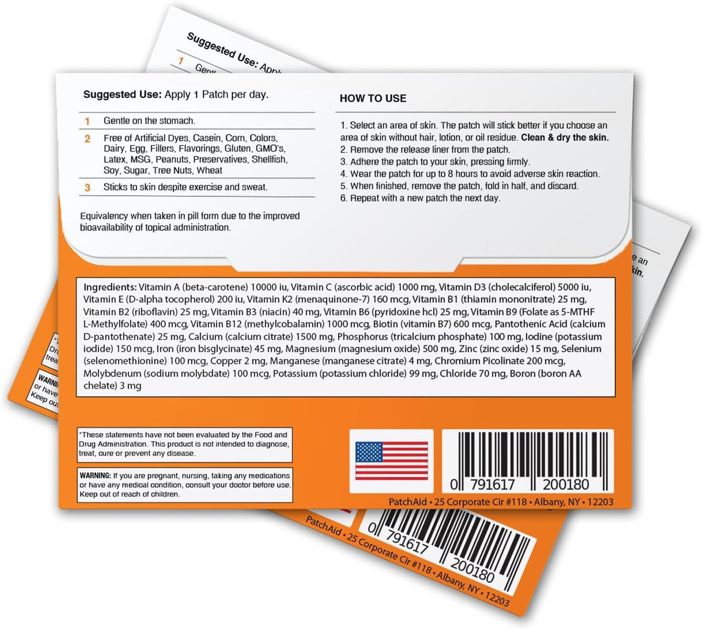 PatchAid Multi Plus Parche Tópico (Pack de 2) – 27 Vitaminas Esenciales, Incluye Hierro, B12 y Calcio, Liberación Lenta, Suministro para 60 Días