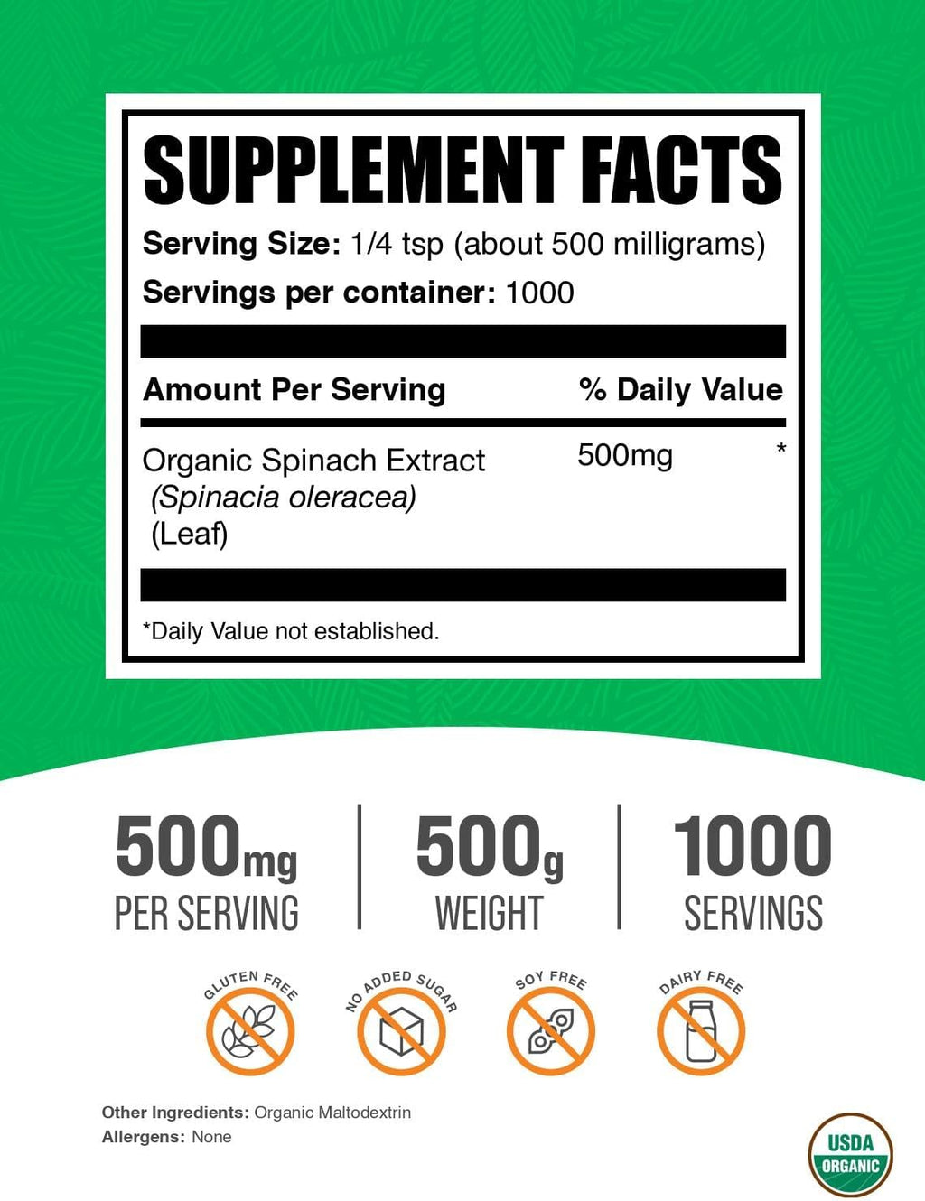BulkSupplements.com Organic Spinach Extract Powder - Herbal Supplement, 500mg per Serving, 500g (1.1 lbs)