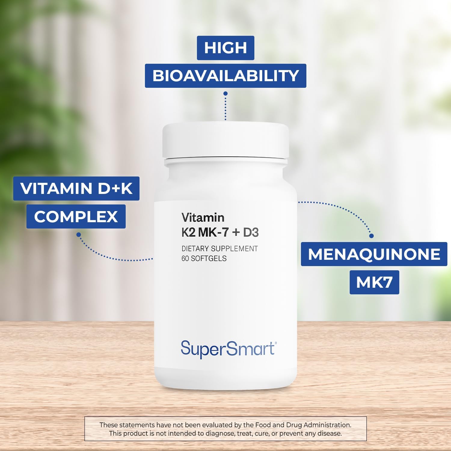 Supersmart Vitamina K2 MK7 + Vitamina D3, 90 mcg, 60 cápsulas blandas