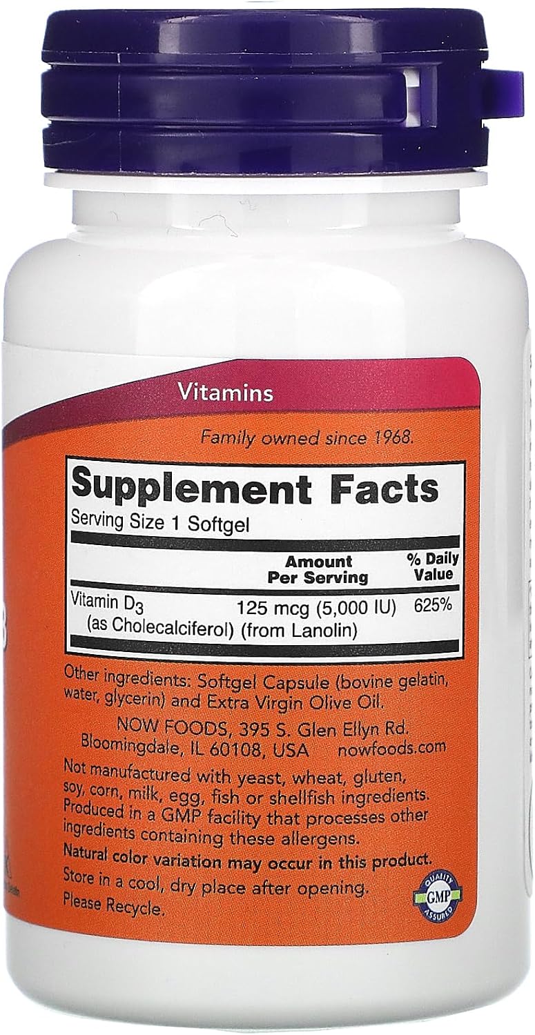 NOW Foods Vitamina D3 5.000 UI, Alta Potencia, 120 Cápsulas Blandas (Paquete de 3)