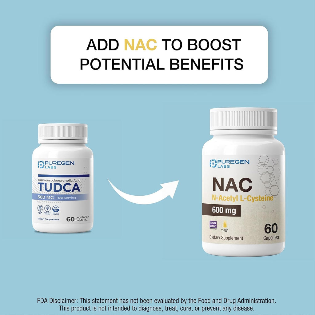 Puregen Labs TUDCA (Ácido Tauroursodesoxicólico) 500mg por dosis - Sales biliares para el hígado - Sin aditivos nocivos - No transgénico - Sin gluten - 60 cápsulas vegetarianas