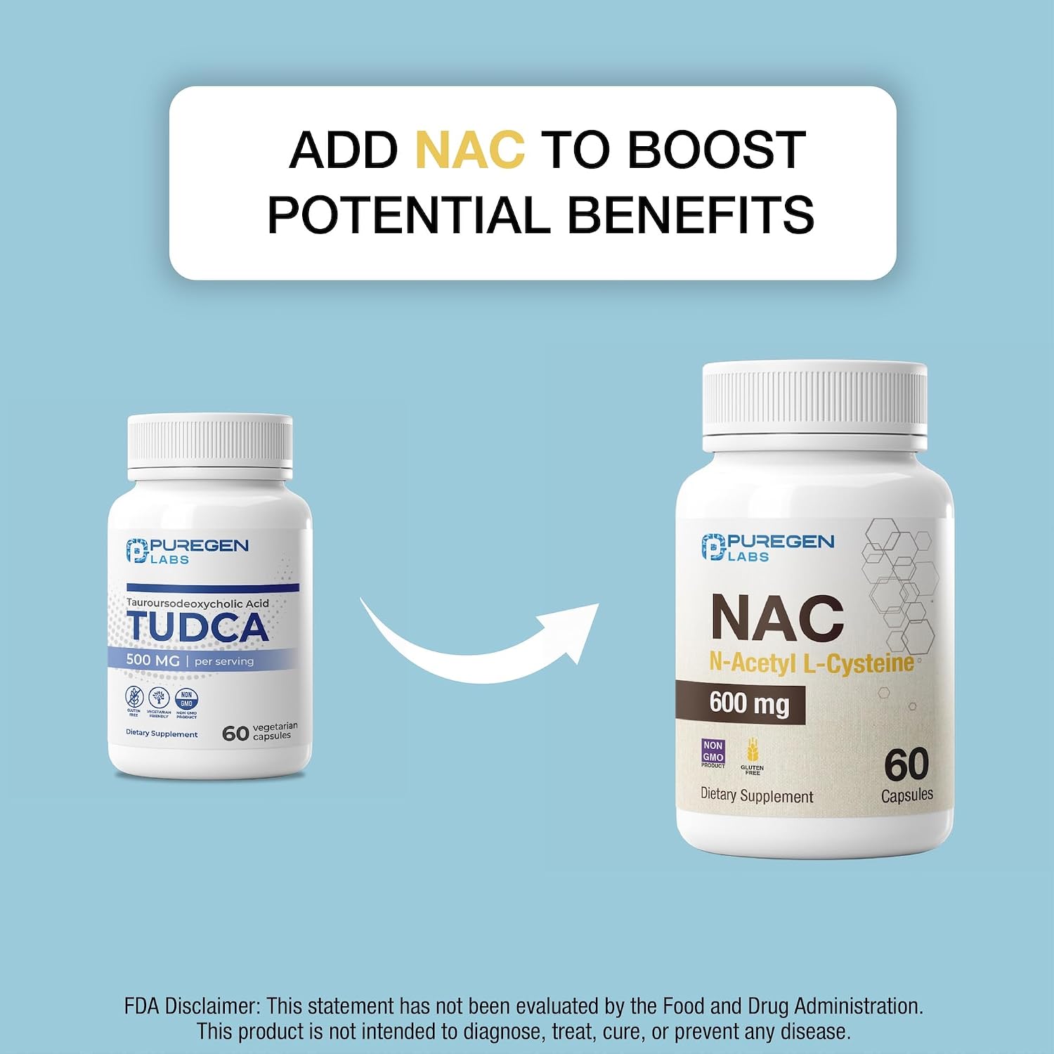 Puregen Labs TUDCA (Ácido Tauroursodesoxicólico) 500mg por dosis - Sales biliares para el hígado - Sin aditivos nocivos - No transgénico - Sin gluten - 60 cápsulas vegetarianas