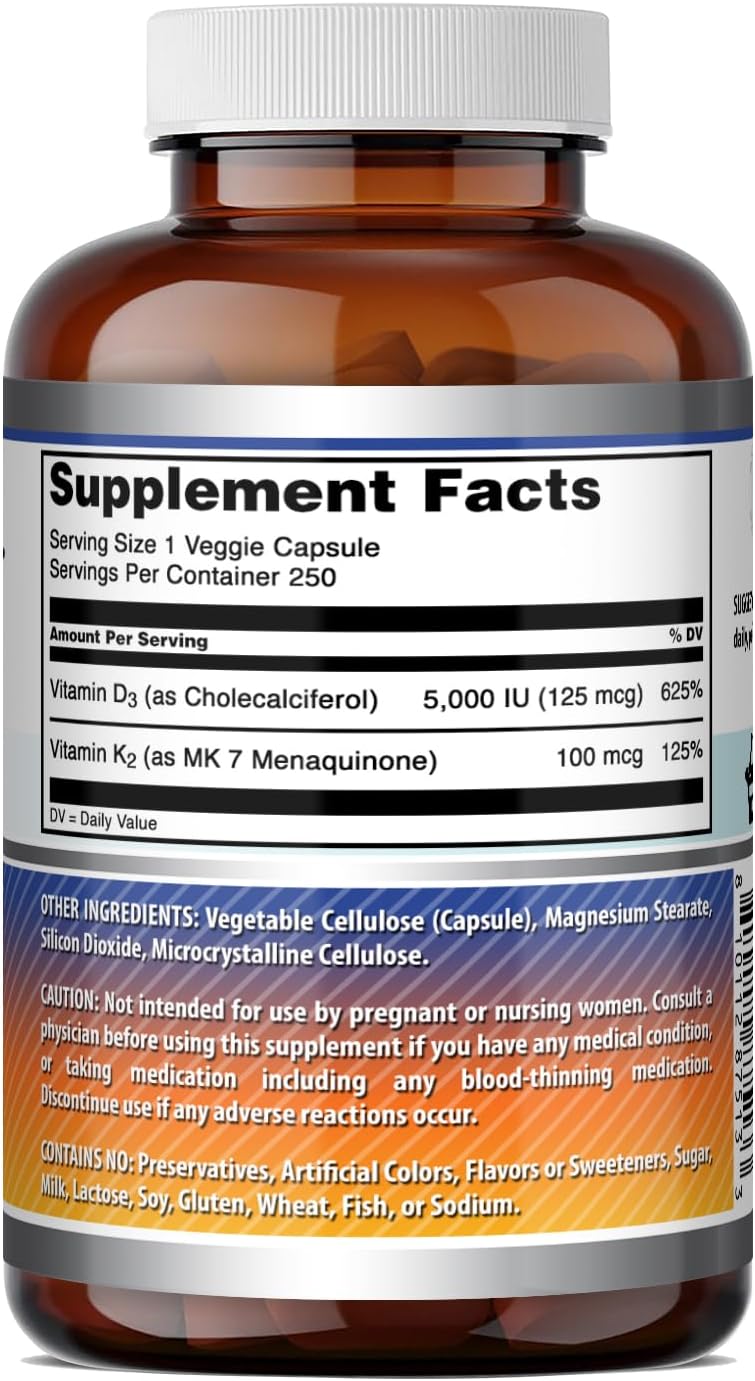 Amazing Formulas Vitamina D3 5000 UI con Vitamina K2 100 mcg - 250 Cápsulas Vegetales