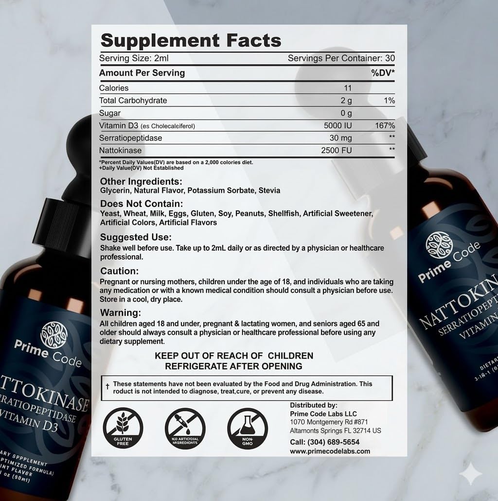 Vitamina D3 + Nattokinasa y Serratiopeptidasa | Gotas de Absorción Rápida | Prime Code