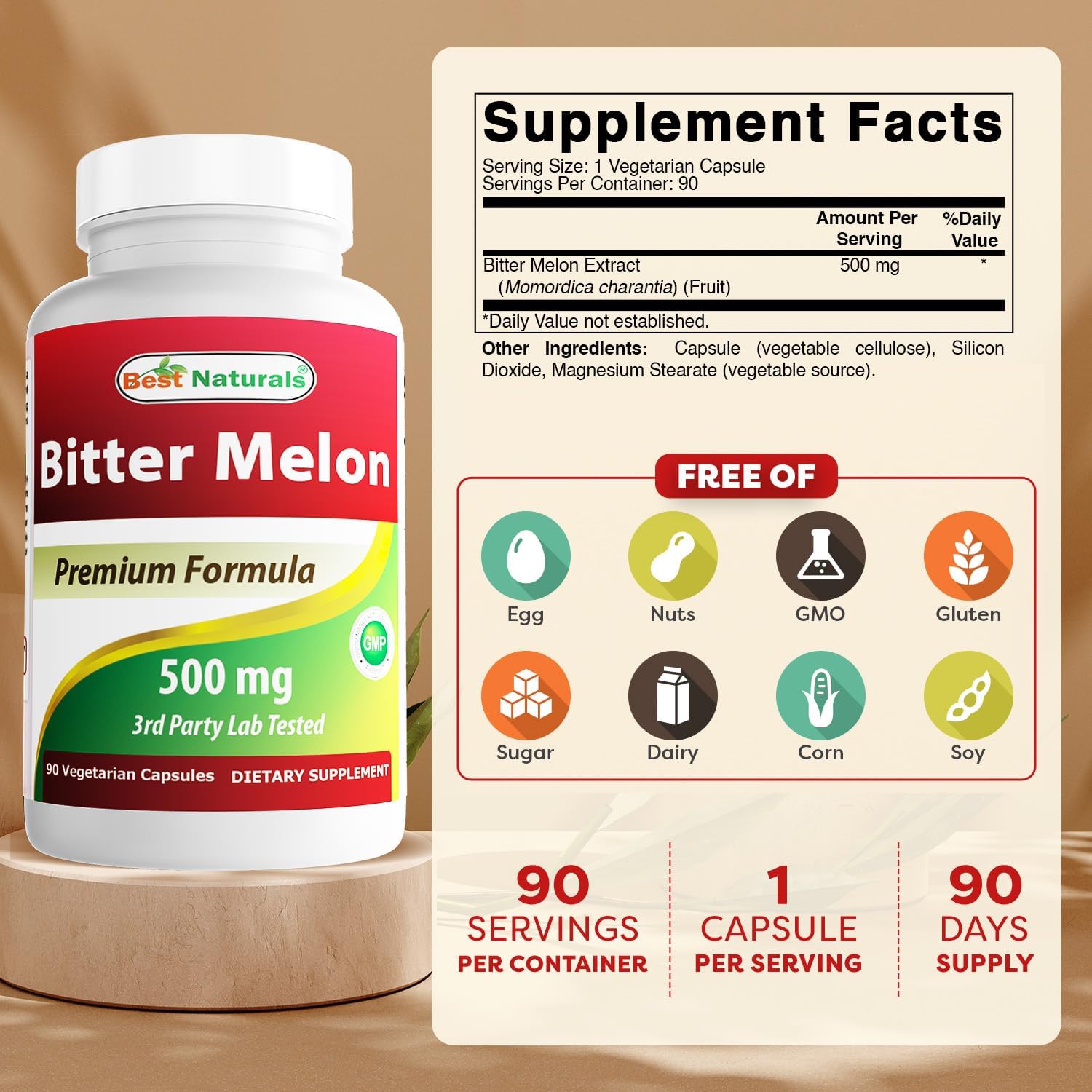 Best Naturals Melón Amargo 500 mg - 90 Cápsulas Vegetales (Paquete de 2)