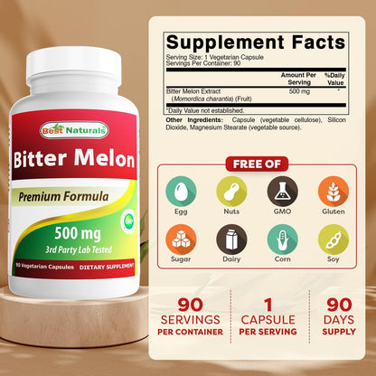 Best Naturals Melón Amargo 500 mg - 90 – Sin gluten : apto para personas con sensibilidad al gluten. – Image 2