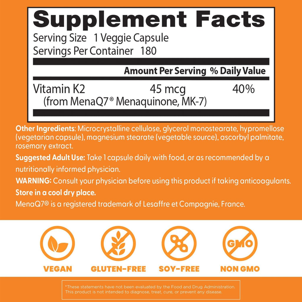 Doctor's Best Vitamina K2 MK7 con MenaQ7 - 45 mcg, 180 Cápsulas Veganas