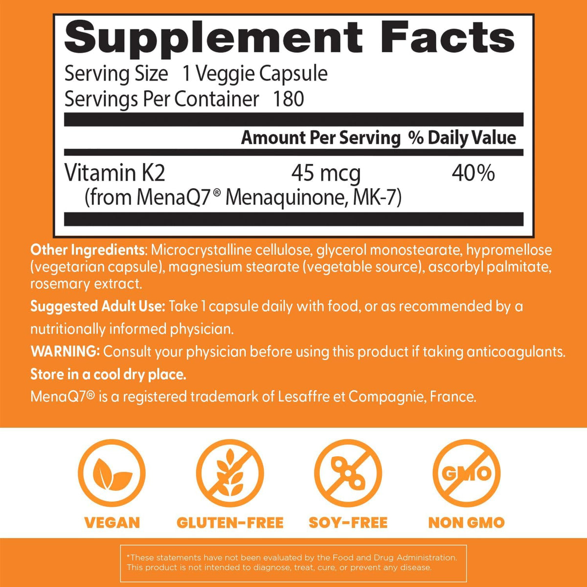 Doctor's Best Vitamina K2 MK7 con MenaQ7 - 45 mcg, 180 Cápsulas Veganas – Image 3