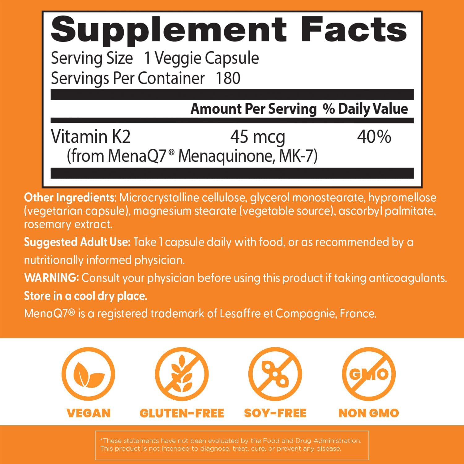 Doctor's Best Vitamina K2 MK7 con MenaQ7 - 45 mcg, 180 Cápsulas Veganas