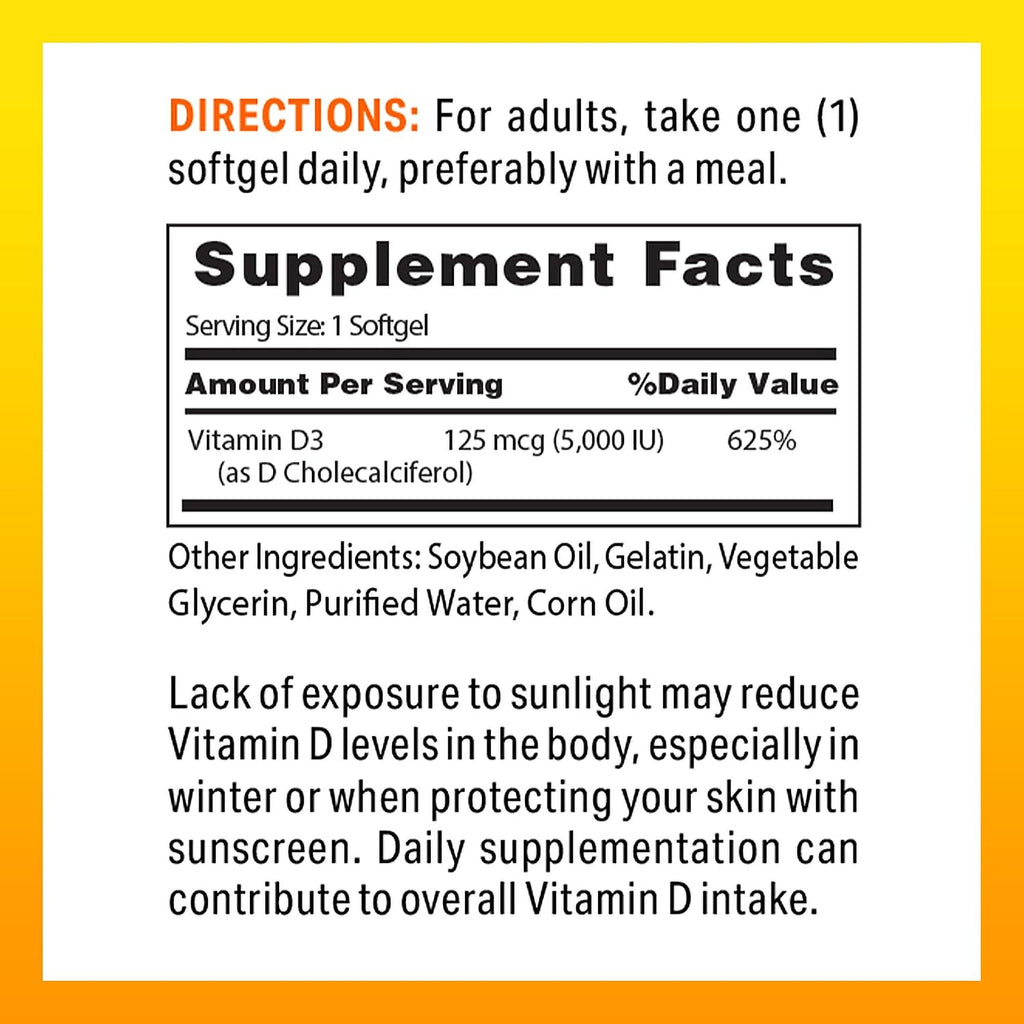 Vitamin World Vitamina D3 5000 UI 100 Cápsulas Blandas - Alta Potencia, Biodisponible, Para la Salud Ósea y el Sistema Inmunitario, Liberación Rápida, Sin Gluten