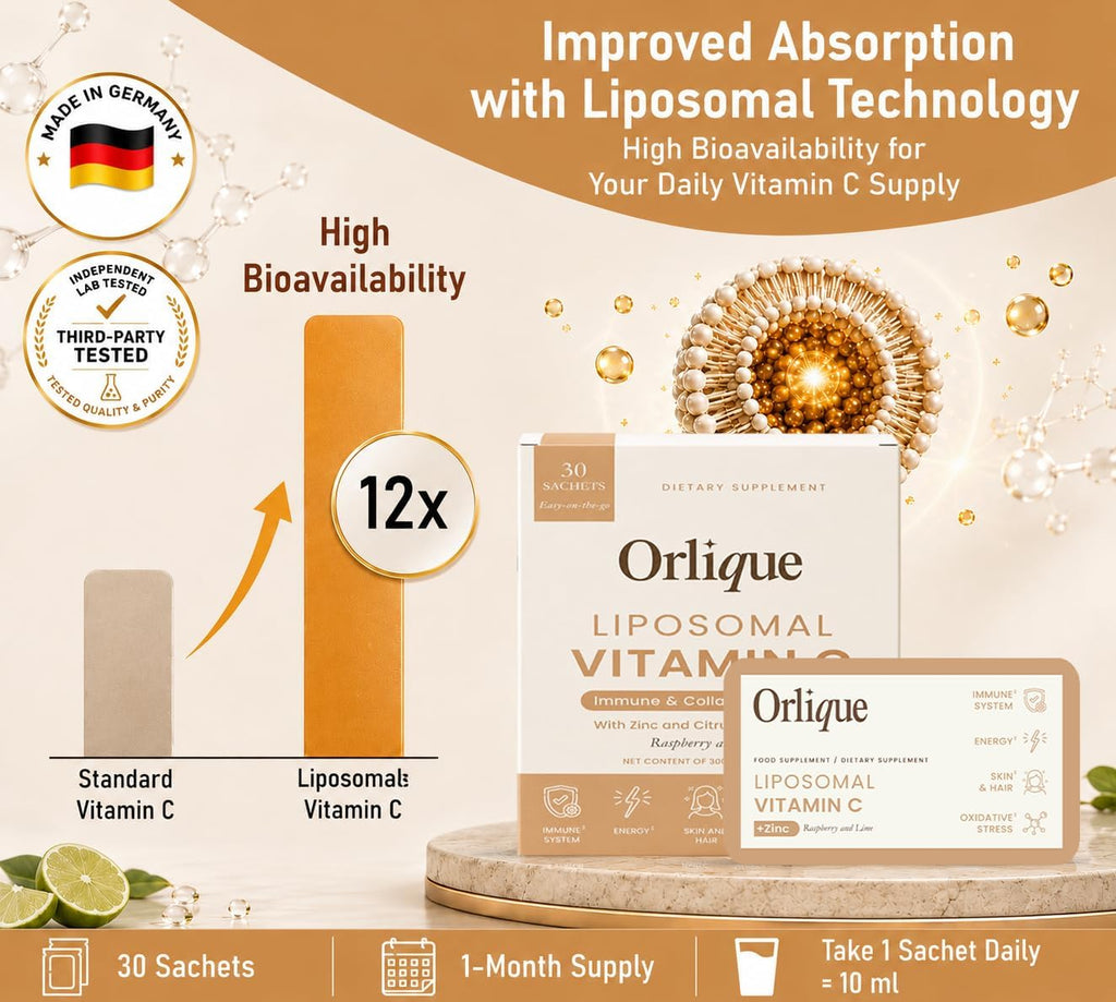 Orlique Vitamina C Liposomal 1000 mg con Zinc y Bioflavonoides | Sabor Lima y Frambuesa | 30 Sobres
