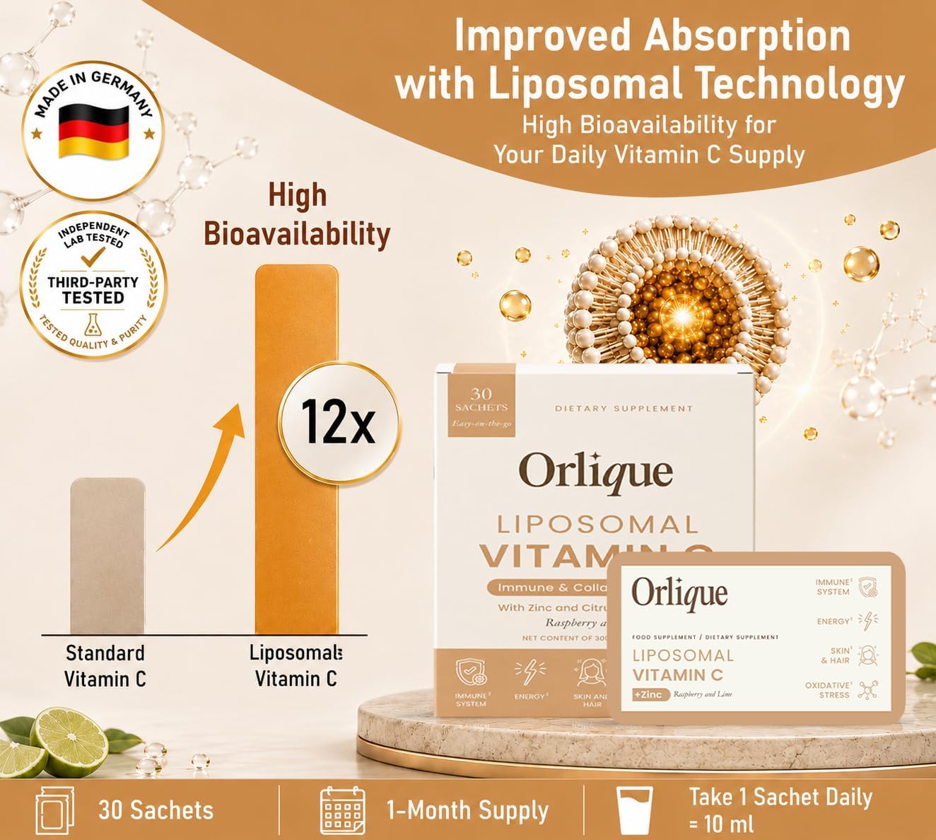 Orlique Vitamina C Liposomal 1000 mg con Zinc y Bioflavonoides | Sabor Lima y Frambuesa | 30 Sobres