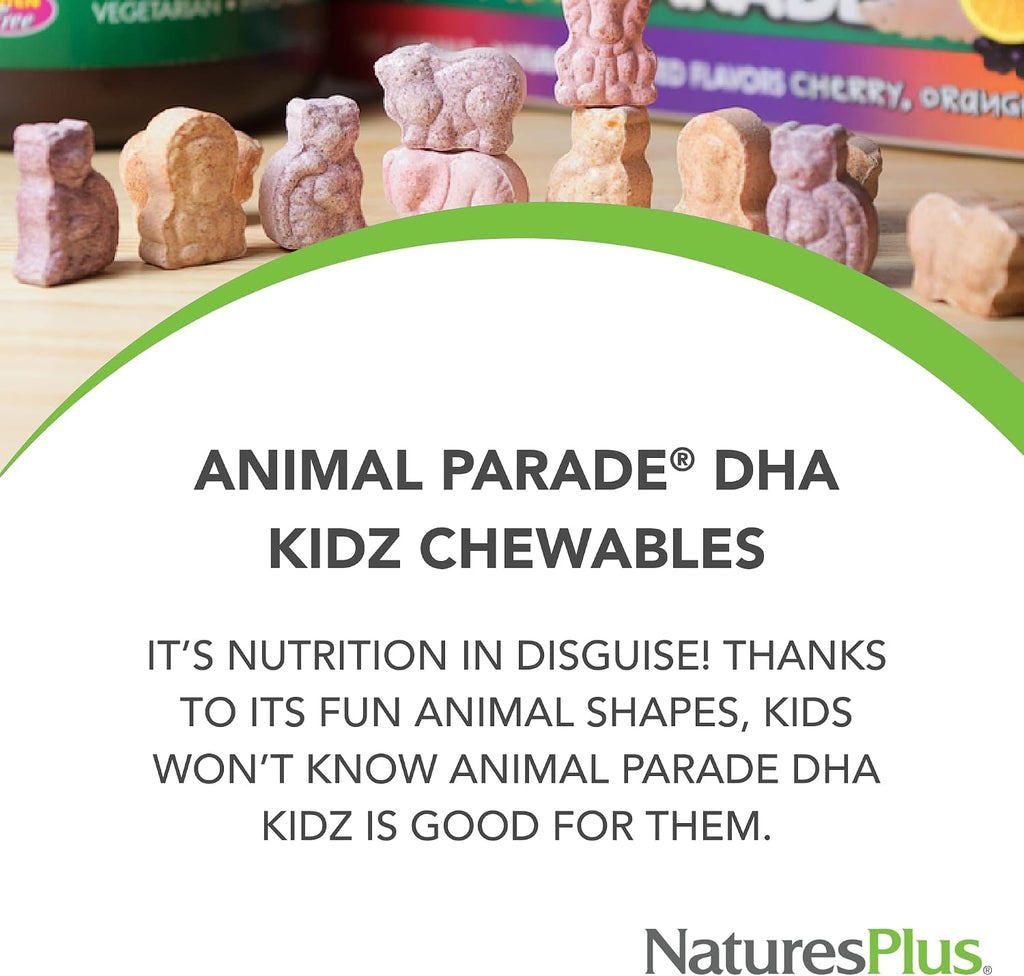 NaturesPlus Animal Parade DHA - Comprimidos masticables para niños - Sabor cereza natural - 90 comprimidos con forma de animal - Omega-3 DHA vegetariano