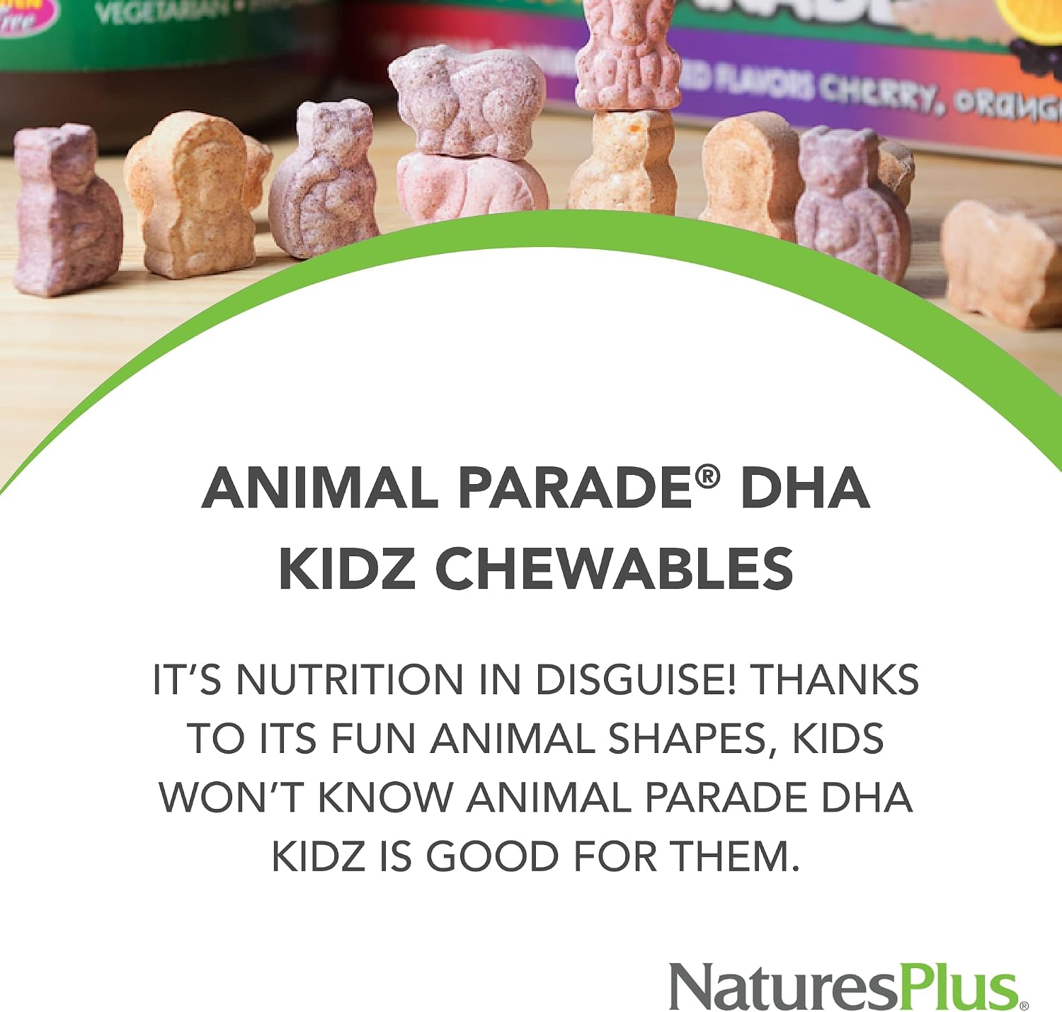 NaturesPlus Animal Parade DHA - Comprimidos masticables para niños - Sabor cereza natural - 90 comprimidos con forma de animal - Omega-3 DHA vegetariano
