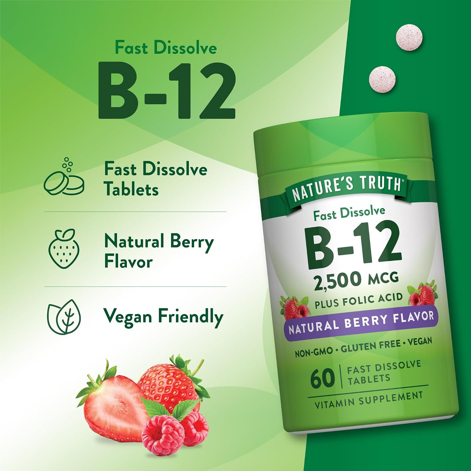 Nature's Truth Vitamina B12 2500 mcg con Ácido Fólico - 60 Comprimidos de Disolución Rápida