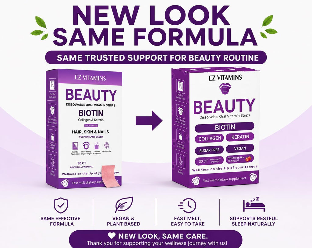 EZ VITAMINS Tiras Orales de Biotina, Vitamina E, Colágeno y Folato - Sabor Fresa - 30 Tiras