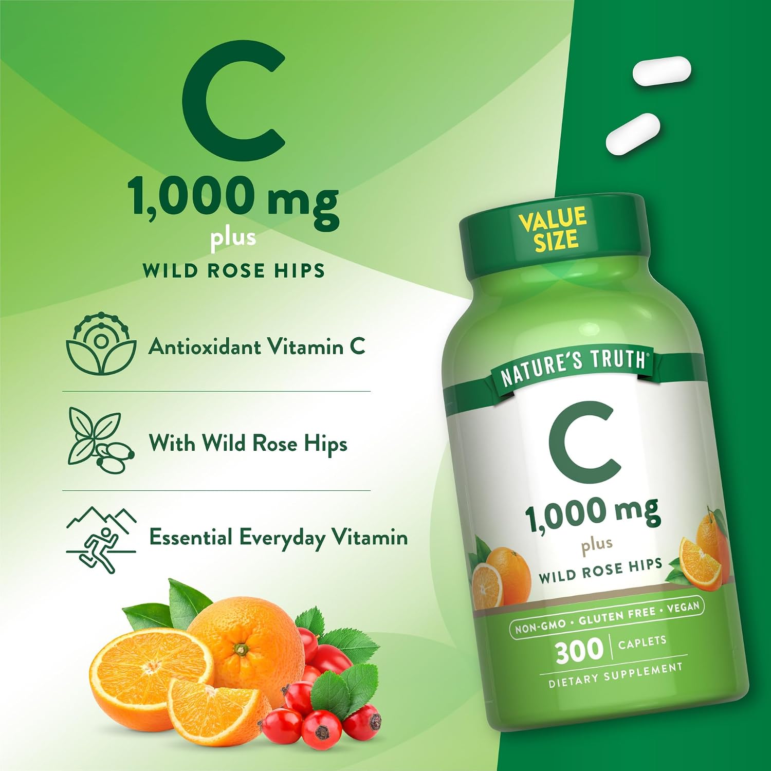 Vitamina C 1000 mg con Rosa Mosqueta - 300 Comprimidos Veganos - Nature's Truth