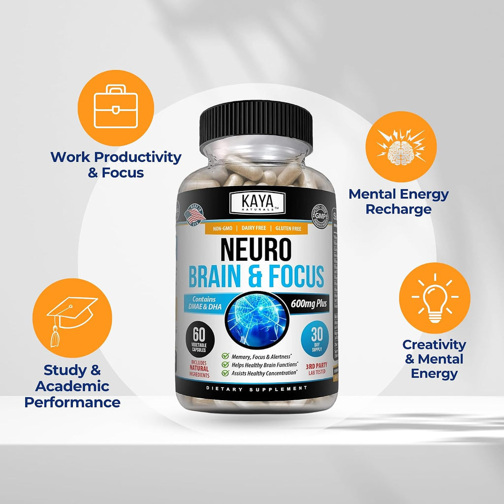 Kaya Naturals Neuro Brain - Cápsulas de apoyo cerebral para memoria y concentración - 60 unidades