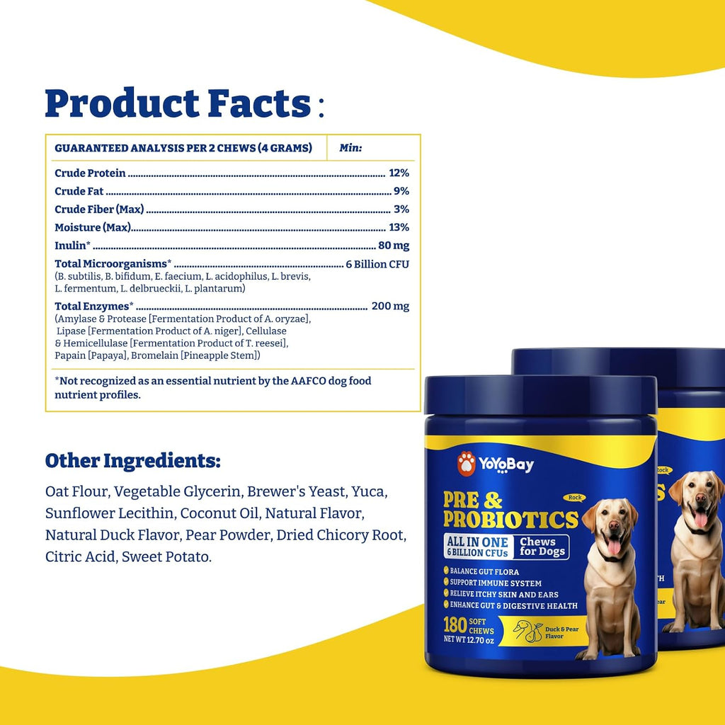 YoYoBay Probióticos para Perros - 6B UFC, Sabor a Pato y Pera - 2 Paquete (360 Chicles)