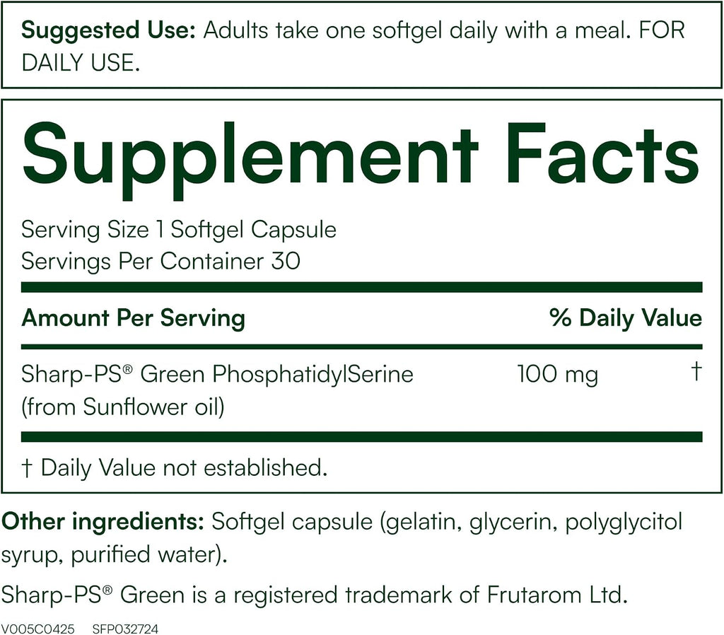 Purity Products PS Brain Support - 100 mg de Fosfatidilserina Sharp-PS Green - 30 Cápsulas Blandas