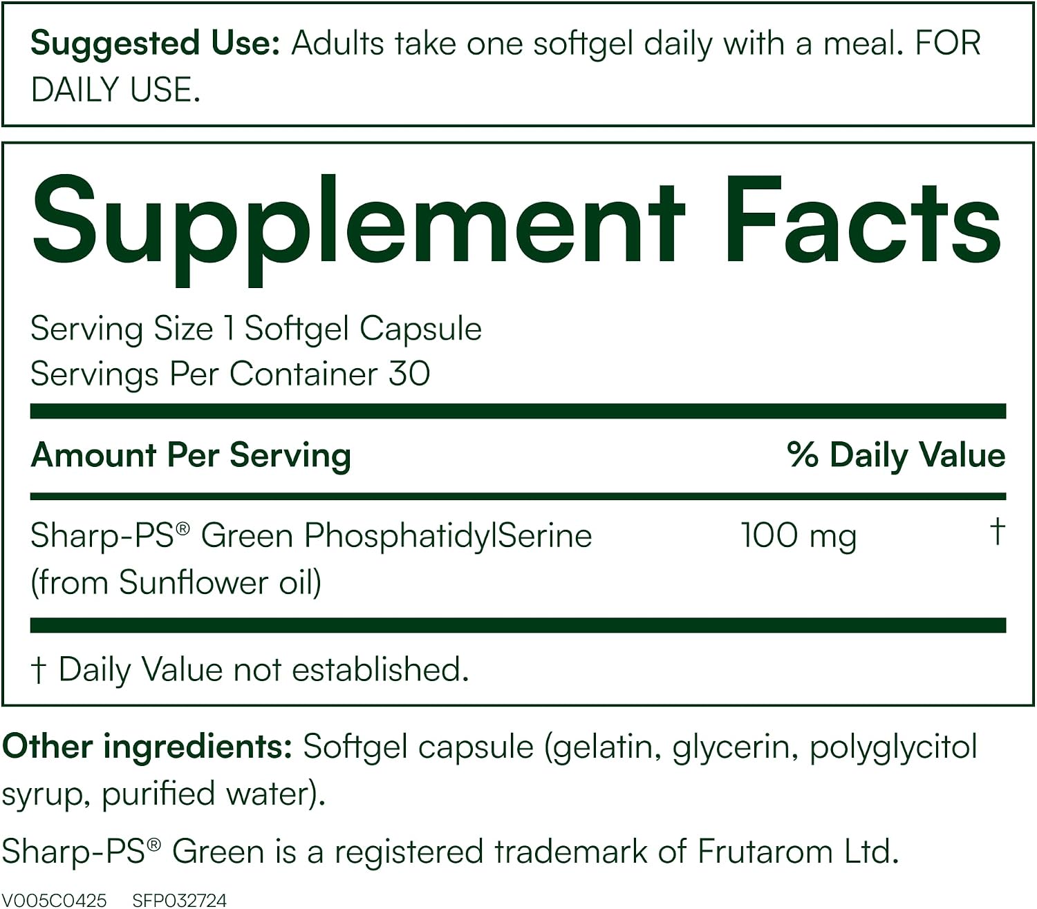 Purity Products PS Brain Support - 100 mg de Fosfatidilserina Sharp-PS Green - 30 Cápsulas Blandas