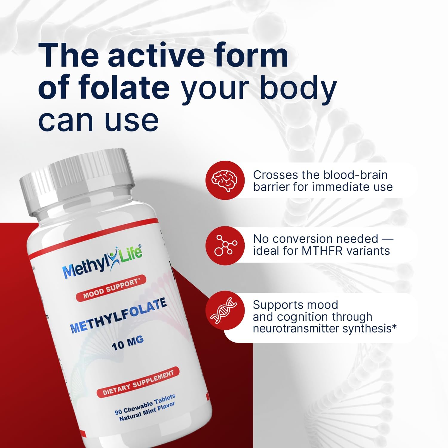 Methyl-Life® L-Metilfolato 10 mg - Comprimidos Masticables de Folato Activo con Cerebrofolate® (L-5-MTHF) | Vegano, Sin OGM, Sin Gluten | 90 Comprimidos