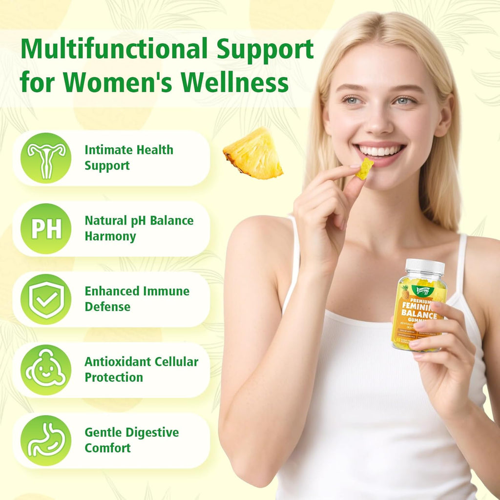 Saajoor Premium Feminine Balance Gummies - Gominolas para la Salud Femenina con Probióticos y Vitamina C, Sabor Piña Hawaiana, 60 Gominolas Veganas