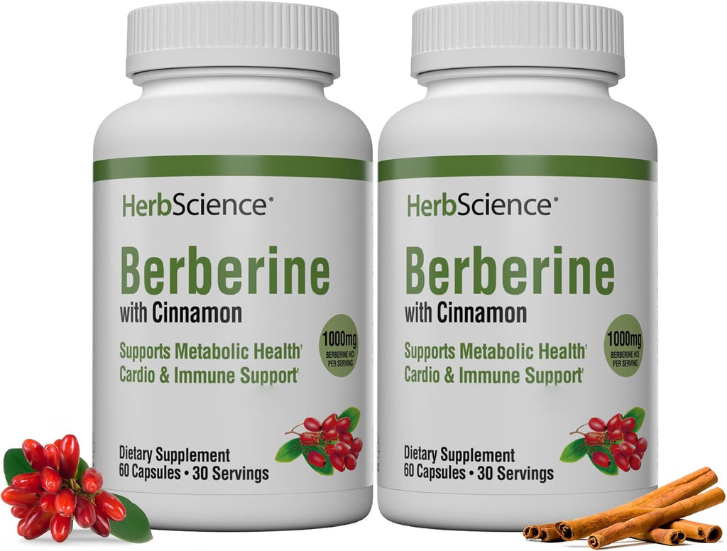 Herb Science Berberine - 1000mg de Berberina HCI por Dosis - Apoyo Metabólico y Cardiovascular - 120 Cápsulas (2 Envases)