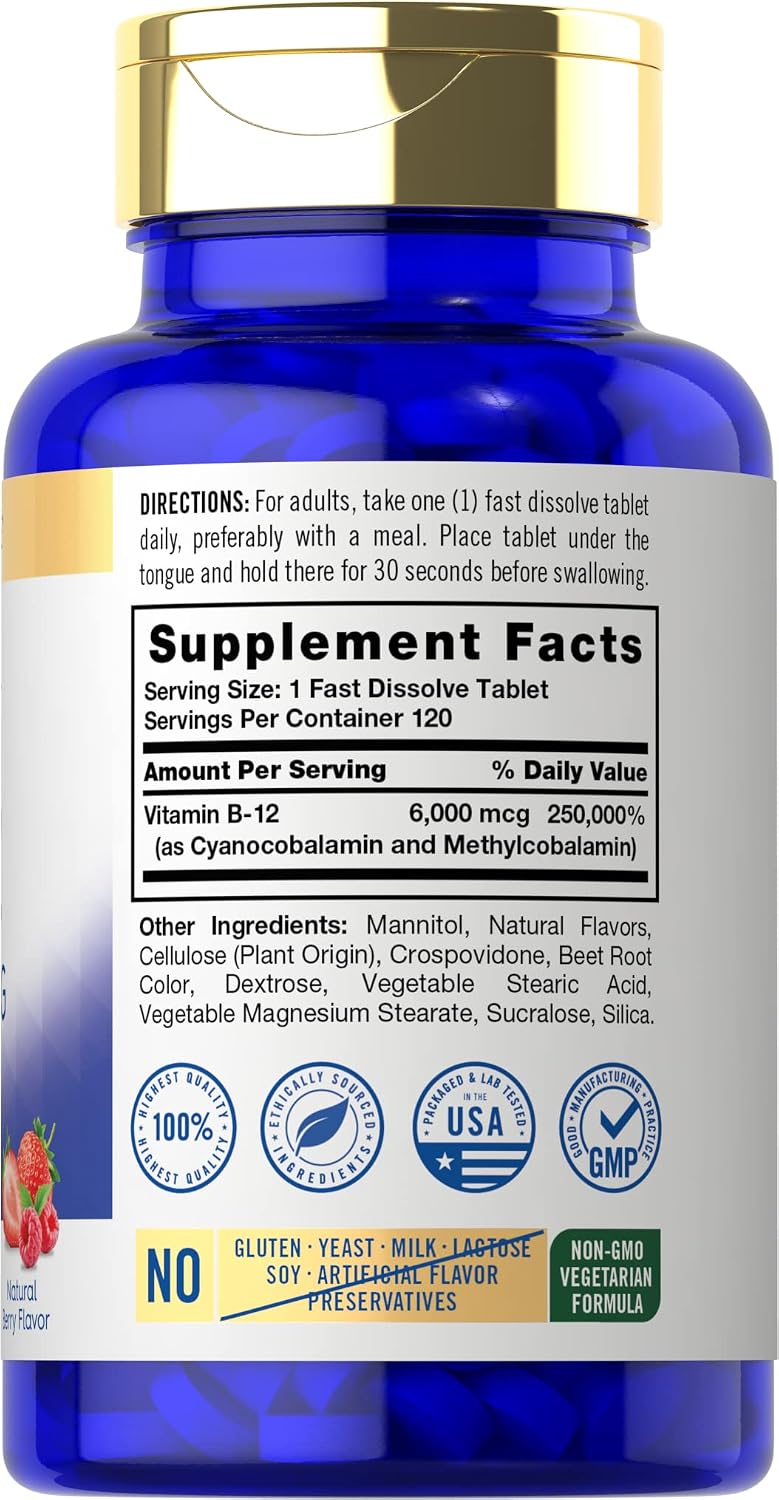 Carlyle Vitamina B-12 6000mcg | 120 Comprimidos de Disolución Rápida | Sabor Natural a Bayas | Cianocobalamina y Metilcobalamina | Vegetariano, No-GMO y Sin Gluten