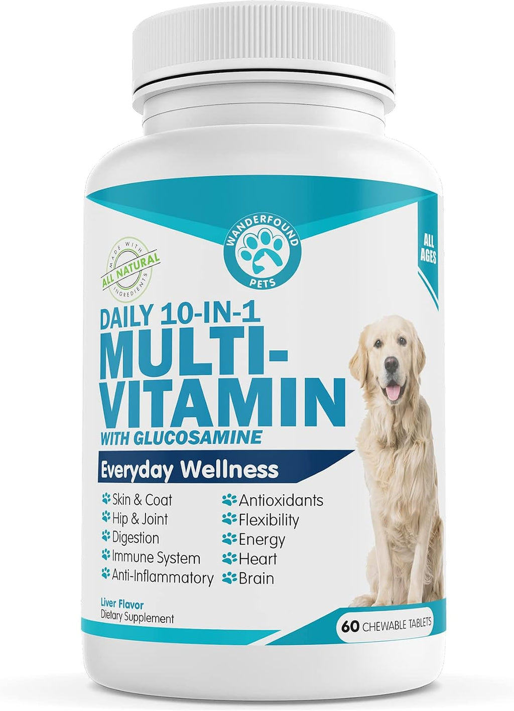 Wanderfound Pets 10-en-1 Multivitamínico para Perros con Glucosamina, D3 y MSM, Sabor Hígado, 60 Comprimidos