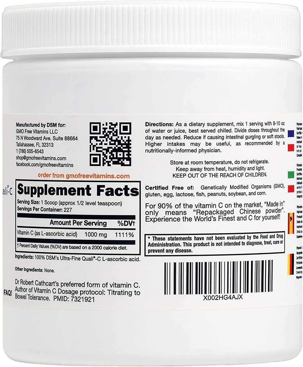 Vitamina C en Polvo Ultra Fina, No GMO, GMO Free Vitamins - Ácido L-Ascórbico Quali-C de Alta Pureza, Máxima Biodisponibilidad, Vegano (227 g)
